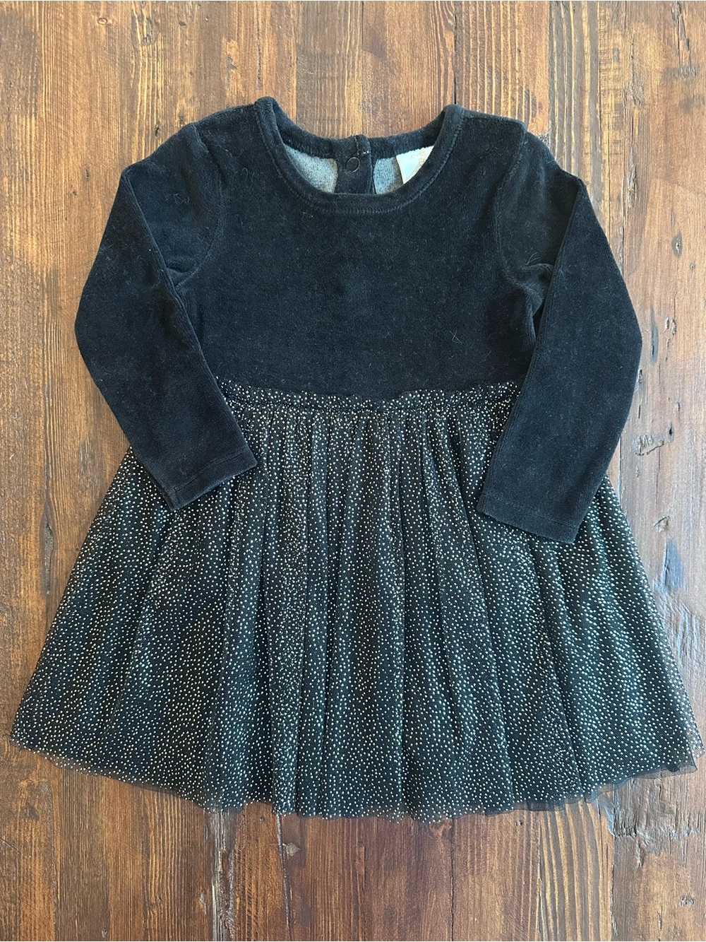 Girls Black Long Sleeve Velour with Glitter Dot Tulle Lined Dress Size 9 months